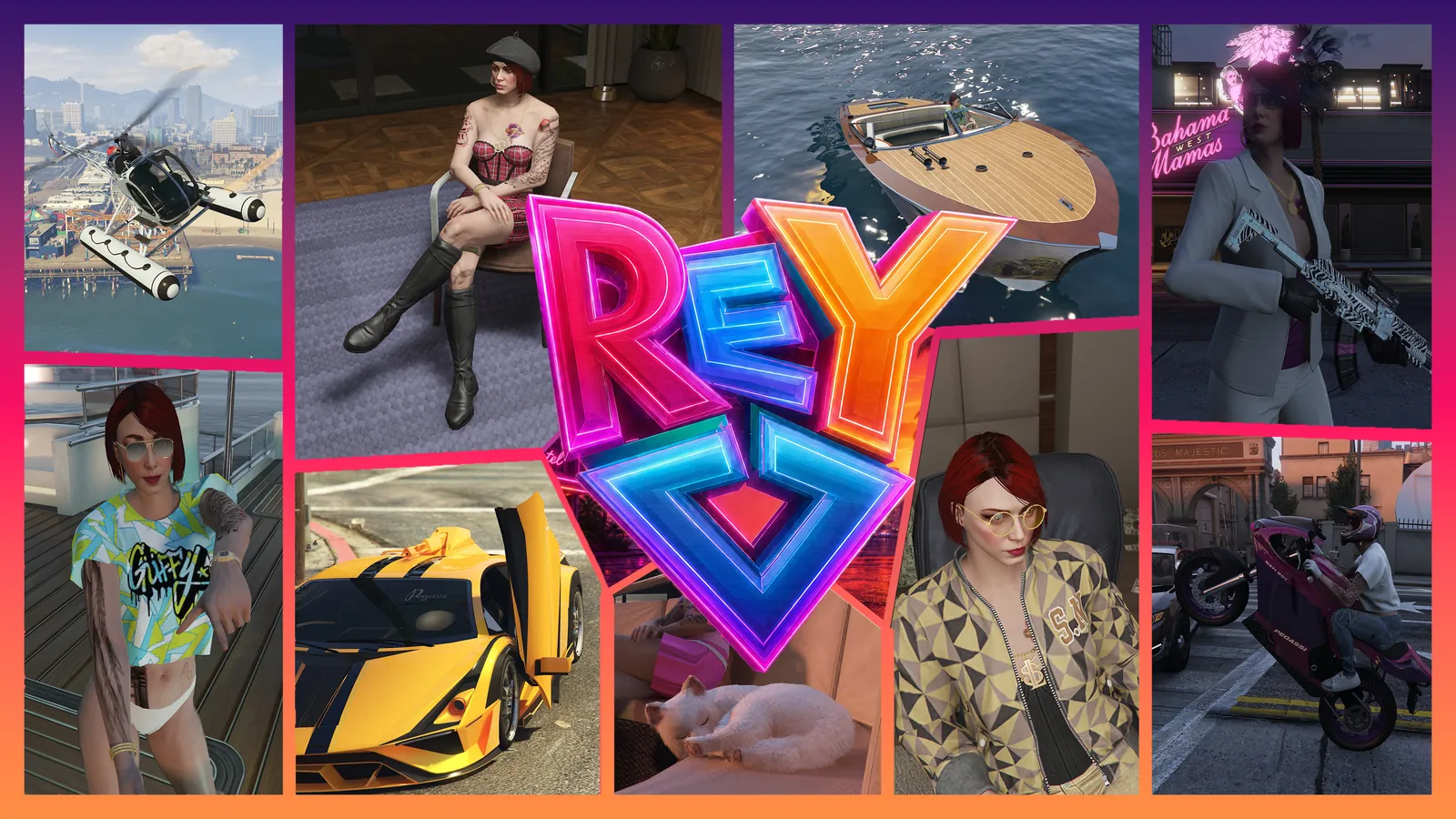 REYFamily kanal kapağı: GTA Online'dan kareler ve REY logosu